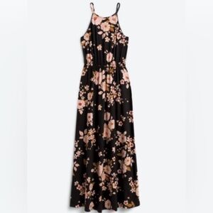 French Grey Floral Black Maxi Dress with Pink Blossoms
